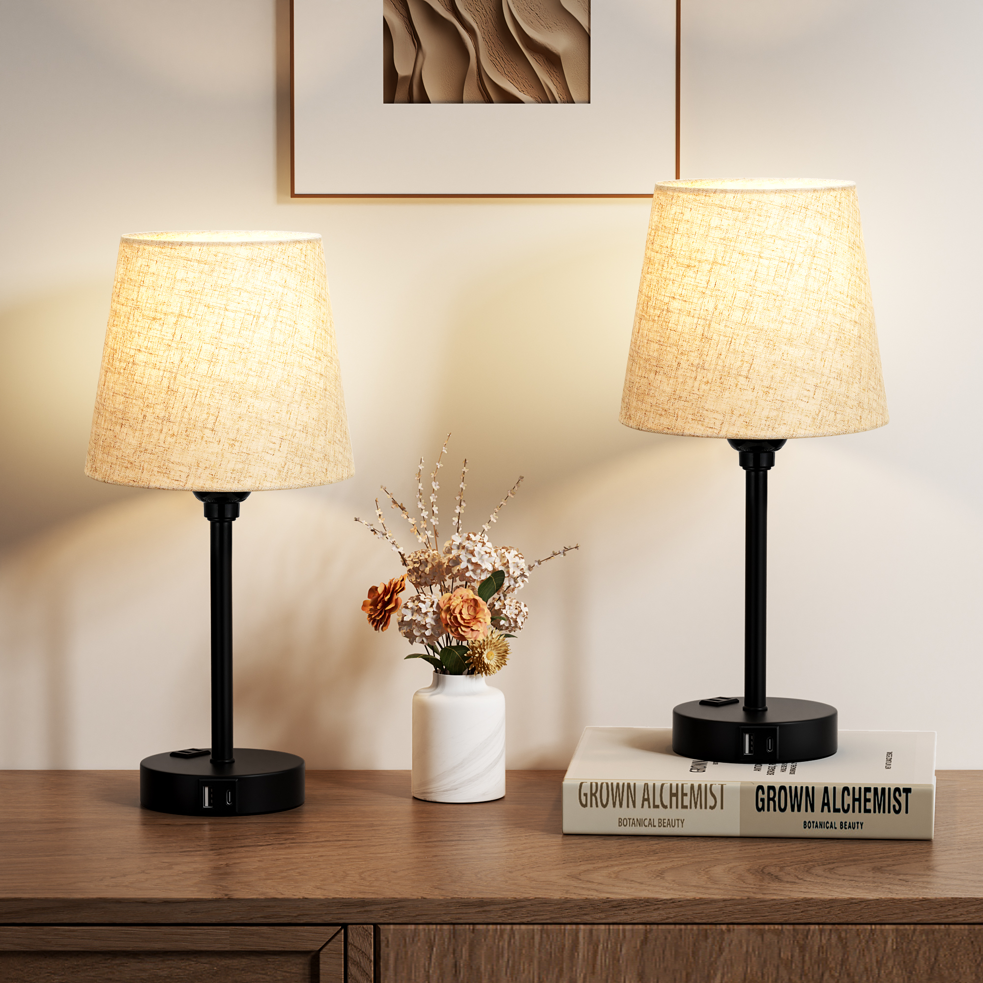 Set of 2 Mini Lamps with Touch Control, USB-A&C, AC Outlet, for Bedroom Nightstand and Living Room