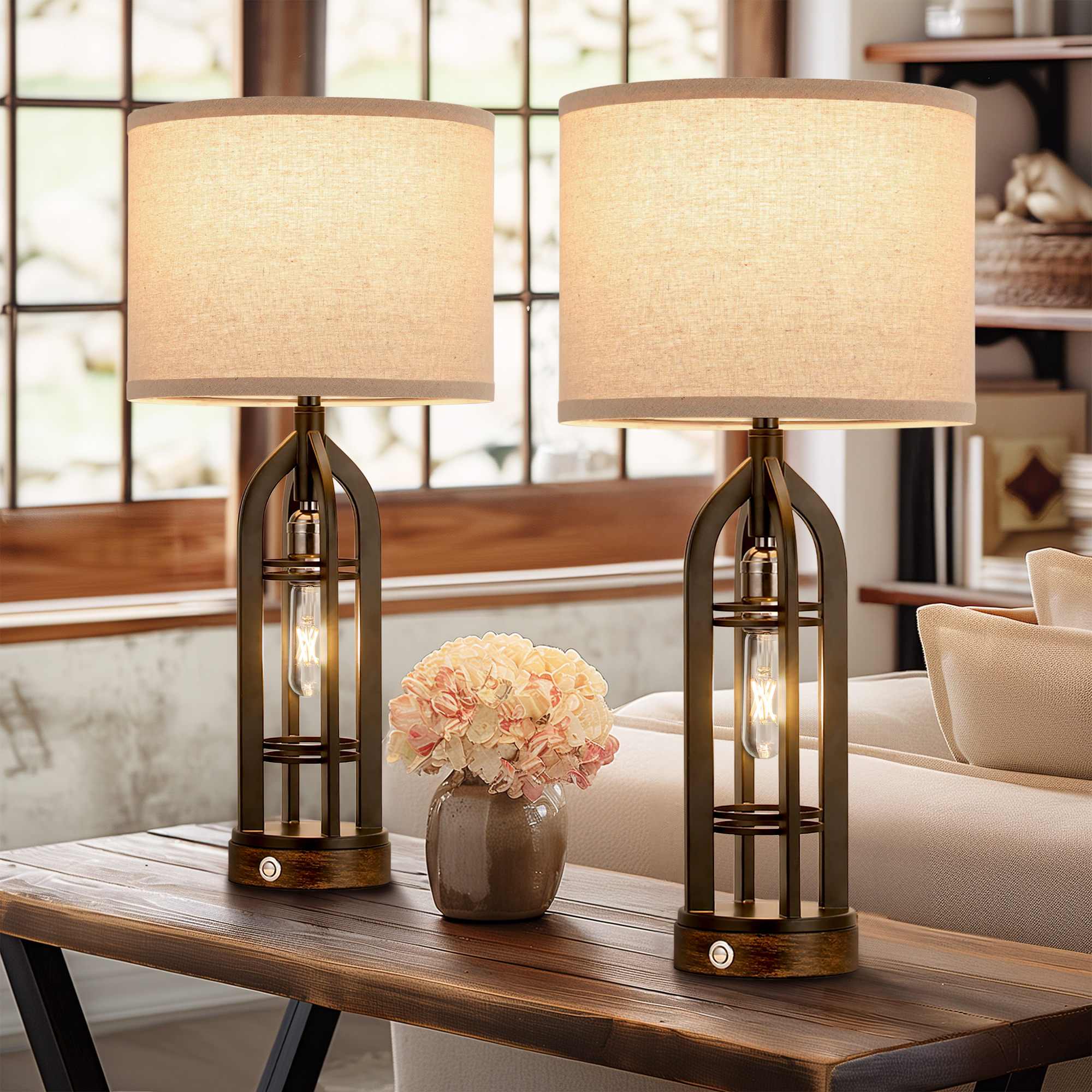 Set of 2 Metal Wrought Iron Bedroom Lamps, Living Room Decorative Lamps, Premium Linen Lampshades, 3-Way Dimmable Touch Control, with USB-A & USB-C & AC outlet